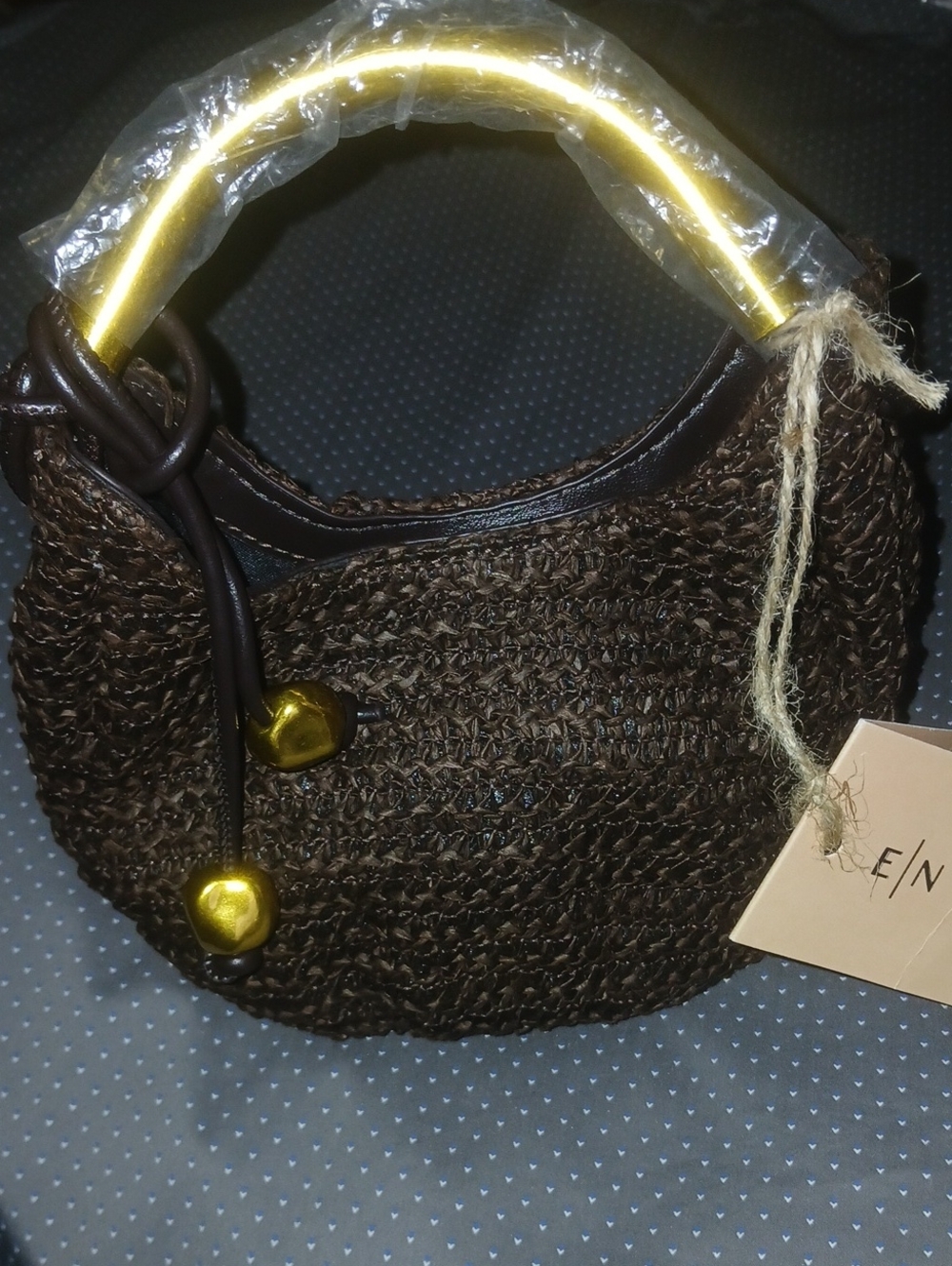 Women’s Brown Woven Handbag with Gold Accents